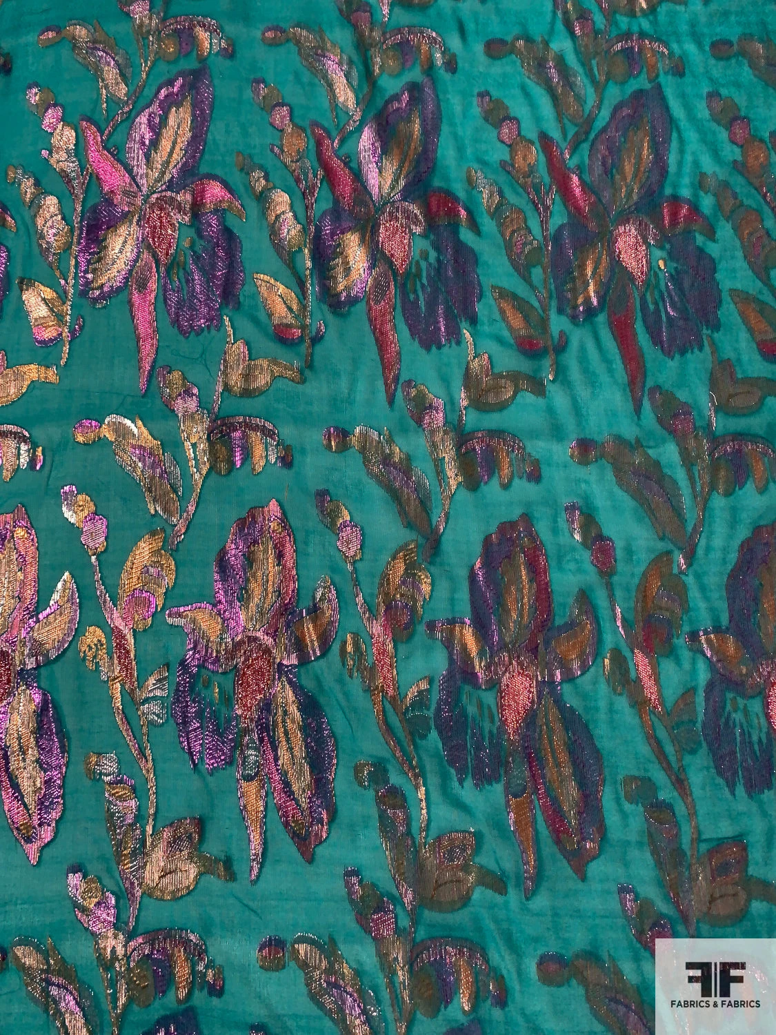 J Mendel Italian Multicolor Metallic Floral Silk Chiffon - Persian Green / Rose Gold / Pink 4 J Mendel Italian Multicolor Metallic Floral Silk Chiffon - Persian Green / Rose Gold / Pink - Image 2