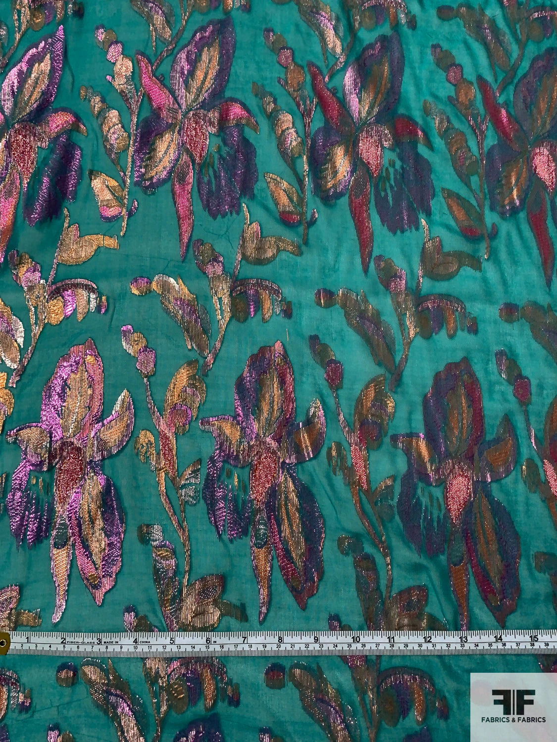 J Mendel Italian Multicolor Metallic Floral Silk Chiffon - Persian Green / Rose Gold / Pink 7 J Mendel Italian Multicolor Metallic Floral Silk Chiffon - Persian Green / Rose Gold / Pink - Image 5