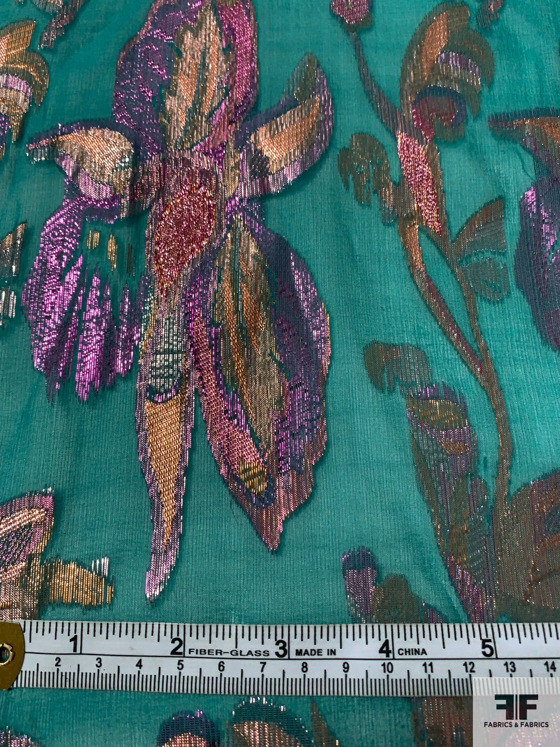 J Mendel Italian Multicolor Metallic Floral Silk Chiffon - Persian Green / Rose Gold / Pink 8 J Mendel Italian Multicolor Metallic Floral Silk Chiffon - Persian Green / Rose Gold / Pink - Image 6