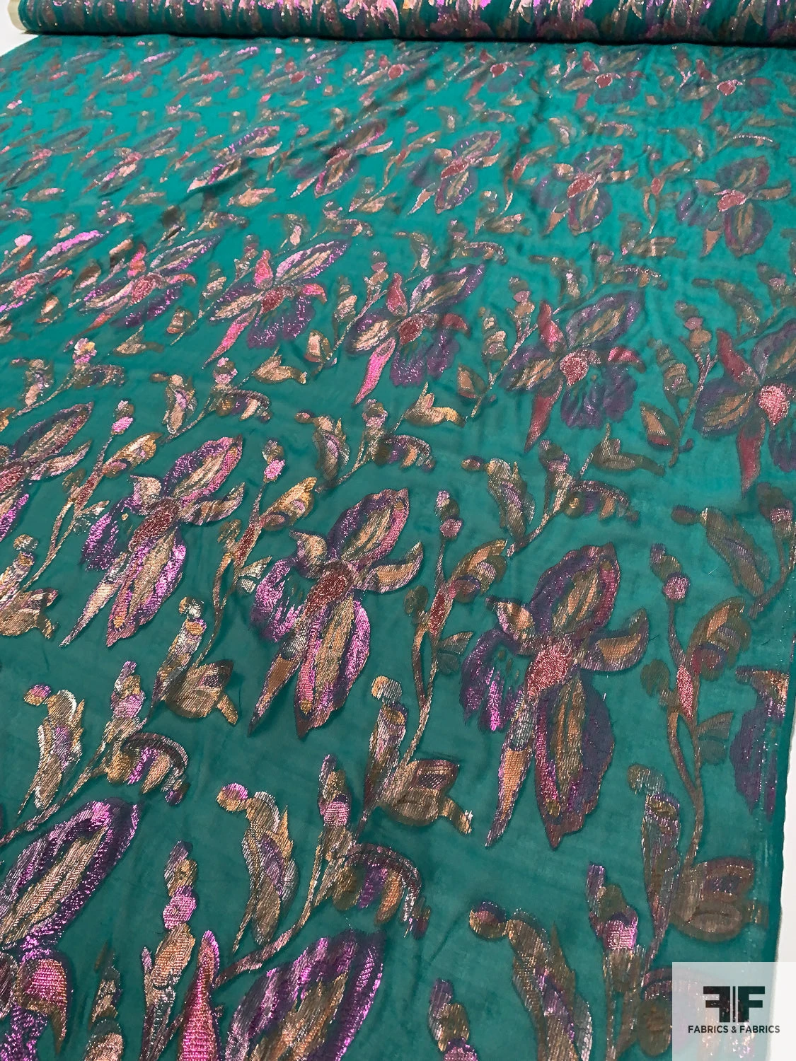 J Mendel Italian Multicolor Metallic Floral Silk Chiffon - Persian Green / Rose Gold / Pink 9 J Mendel Italian Multicolor Metallic Floral Silk Chiffon - Persian Green / Rose Gold / Pink - Image 7