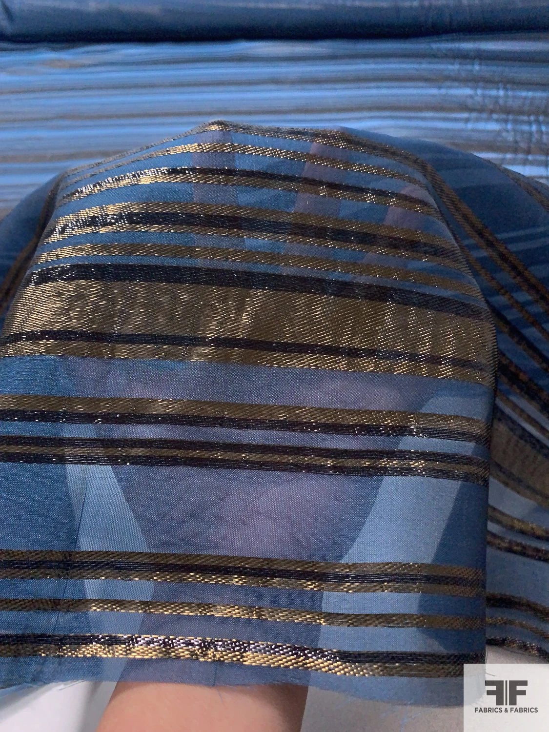 J Mendel Italian Metallic Striped Silk Chiffon - Navy / Black / Dirty Gold 4 J Mendel Italian Metallic Striped Silk Chiffon - Navy / Black / Dirty Gold - Image 2