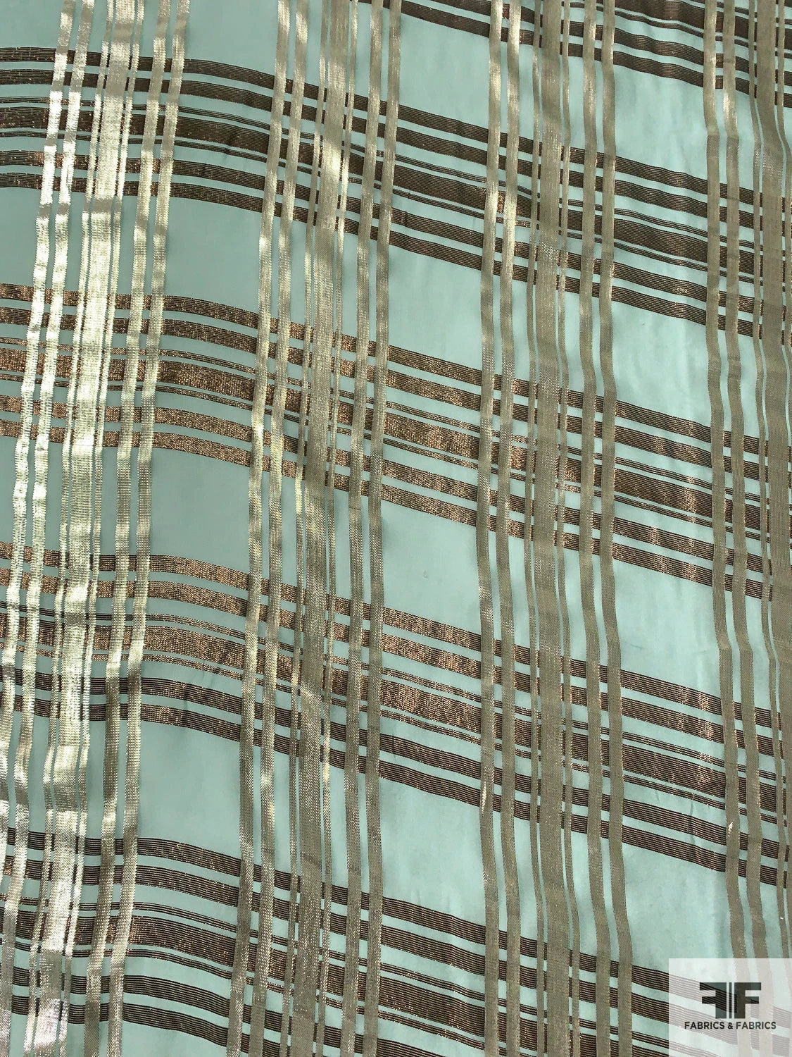 J Mendel Italian Metallic Plaid Design Silk Chiffon - Goddess Green / Light Gold / Bronze 6 J Mendel Italian Metallic Plaid Design Silk Chiffon - Goddess Green / Light Gold / Bronze - Image 4