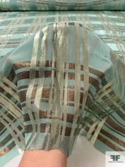 J Mendel Italian Metallic Plaid Design Silk Chiffon - Goddess Green / Light Gold / Bronze 17 J Mendel Italian Metallic Plaid Design Silk Chiffon - Goddess Green / Light Gold / Bronze -Fabrics And Fabrics Store 16613 7
