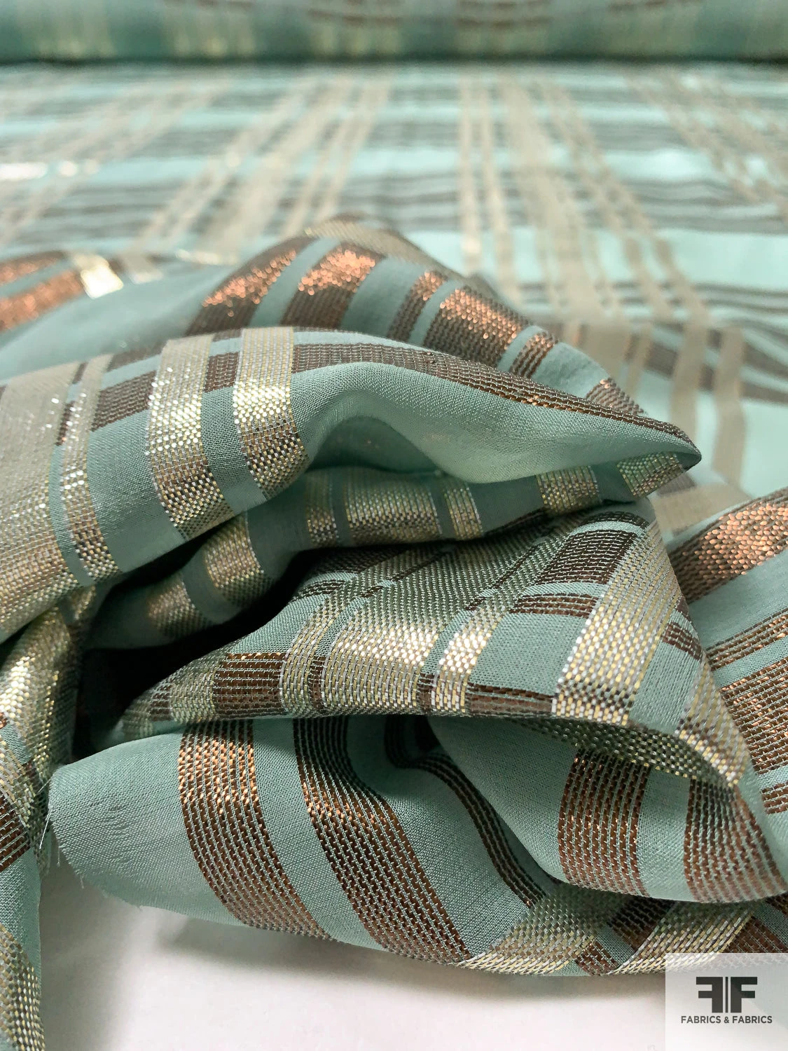 J Mendel Italian Metallic Plaid Design Silk Chiffon - Goddess Green / Light Gold / Bronze 3 J Mendel Italian Metallic Plaid Design Silk Chiffon - Goddess Green / Light Gold / Bronze