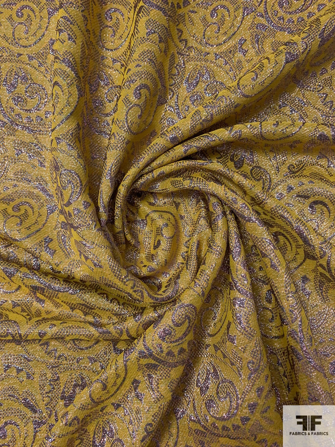 J Mendel Italian Ornate Vine Jacquard Lamé - Olive-Chartreuse / Purple 5 J Mendel Italian Ornate Vine Jacquard Lamé - Olive-Chartreuse / Purple - Image 3