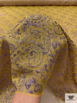 J Mendel Italian Ornate Vine Jacquard Lamé - Olive-Chartreuse / Purple