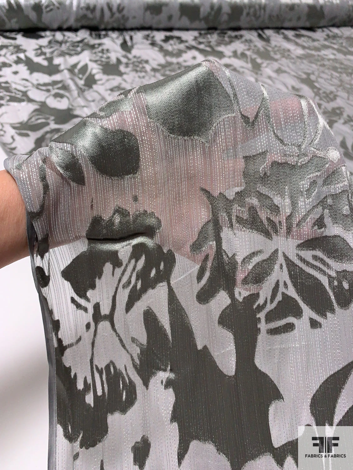 Lurex Pinstriped Floral Silk Chiffon Burnout - Grey / Silver 10 Lurex Pinstriped Floral Silk Chiffon Burnout - Grey / Silver - Image 8