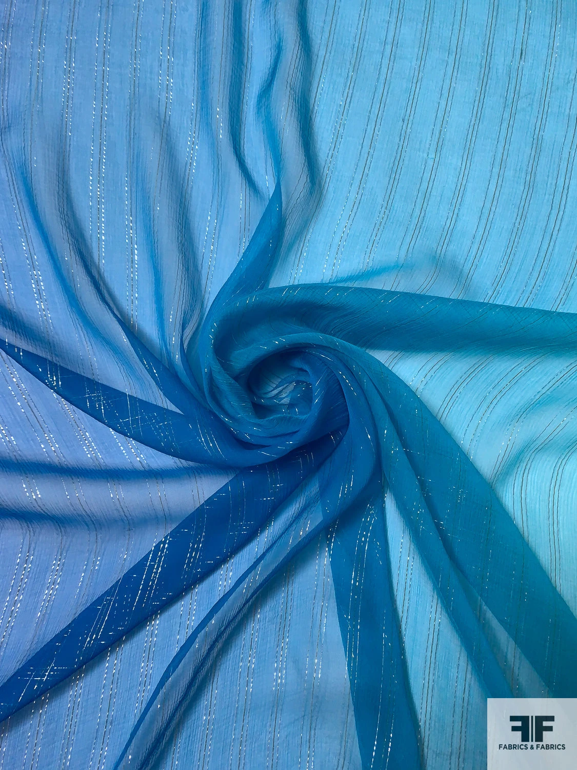 Lurex Pinstriped Ombré Printed Silk Chiffon - Blue / Silver / Gold 6 Lurex Pinstriped Ombré Printed Silk Chiffon - Blue / Silver / Gold - Image 4