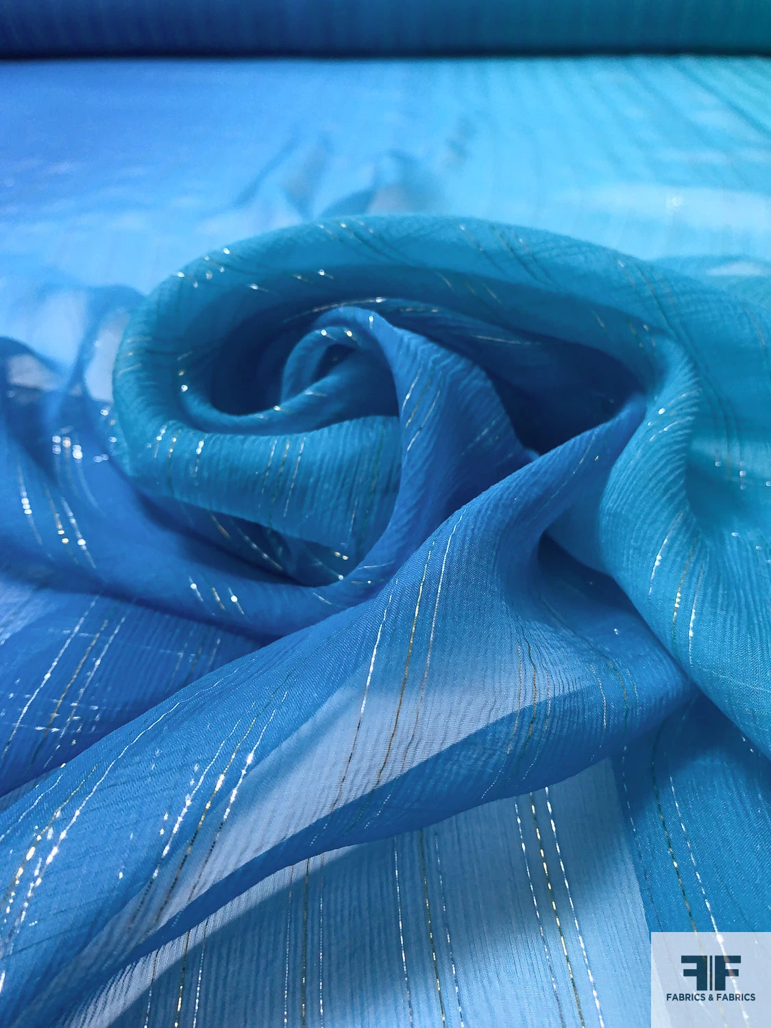 Lurex Pinstriped Ombré Printed Silk Chiffon - Blue / Silver / Gold 4 Lurex Pinstriped Ombré Printed Silk Chiffon - Blue / Silver / Gold - Image 2