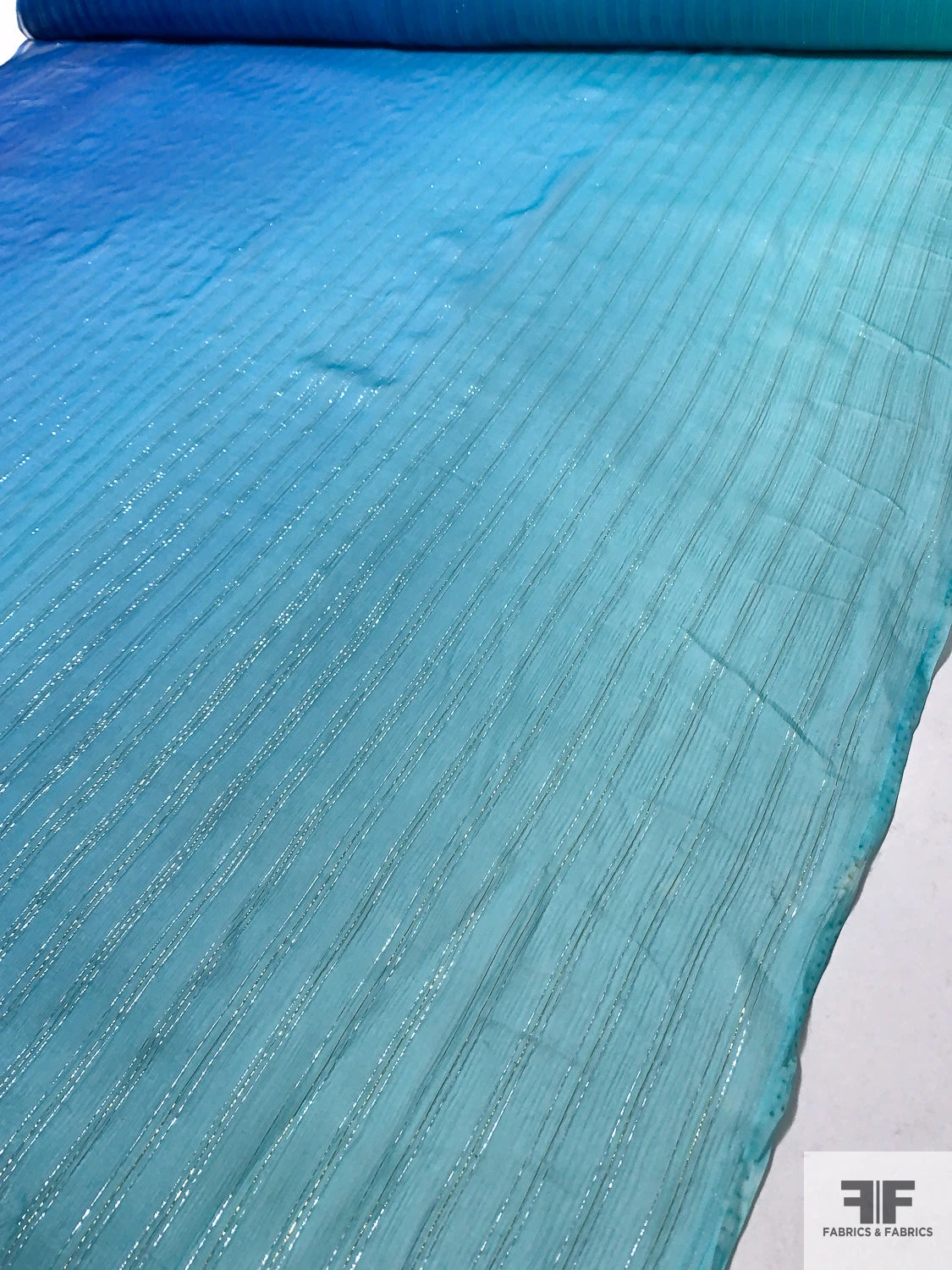 Lurex Pinstriped Ombré Printed Silk Chiffon - Blue / Silver / Gold 3 Lurex Pinstriped Ombré Printed Silk Chiffon - Blue / Silver / Gold