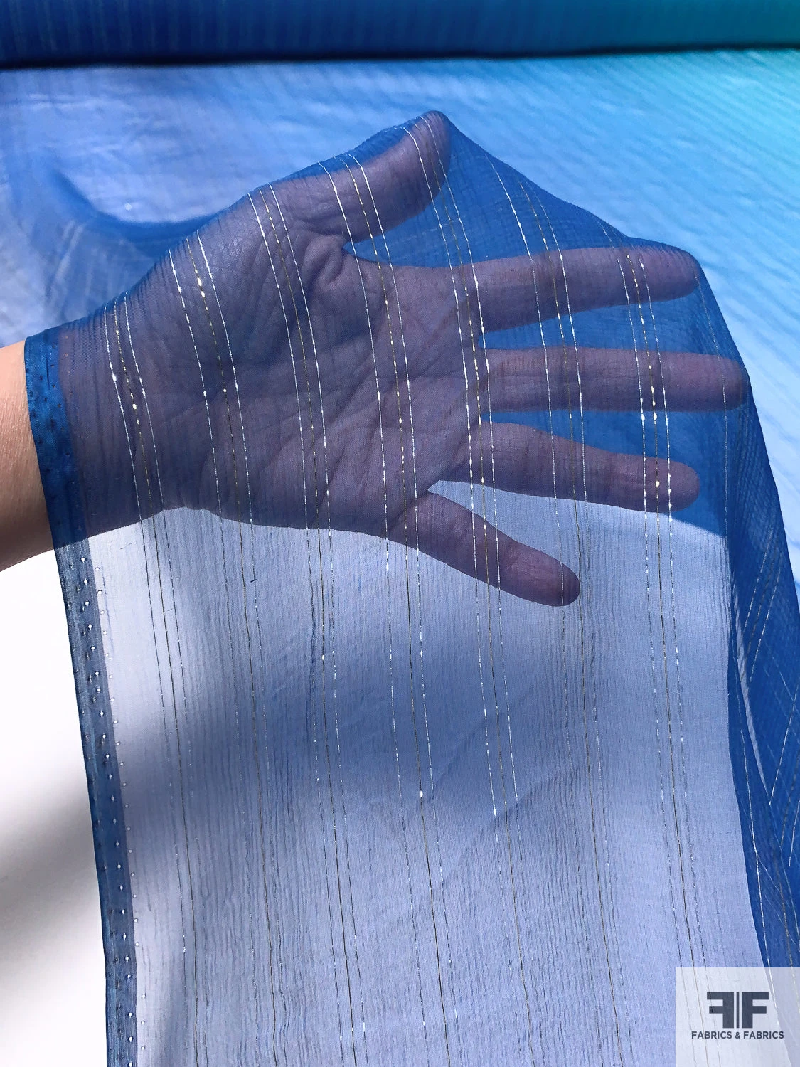 Lurex Pinstriped Ombré Printed Silk Chiffon - Blue / Silver / Gold 11 Lurex Pinstriped Ombré Printed Silk Chiffon - Blue / Silver / Gold - Image 9