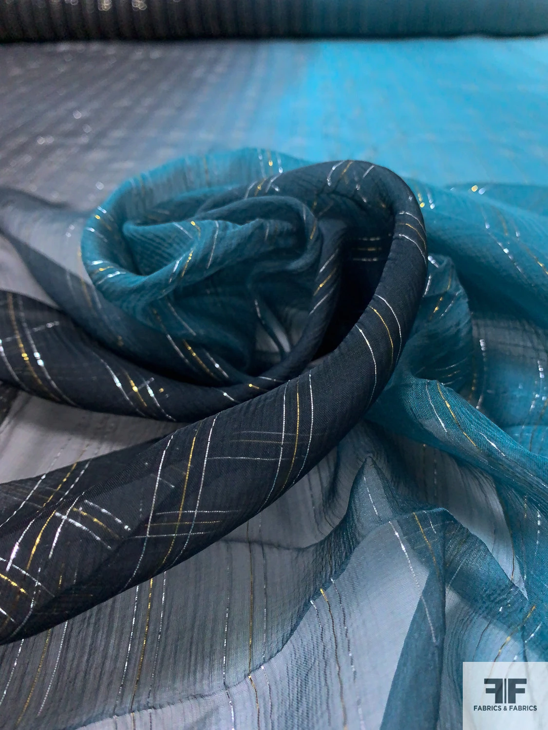 Lurex Pinstriped Ombré Printed Silk Chiffon - Black / Smokey Turquoise / Grey / Silver / Gold 4 Lurex Pinstriped Ombré Printed Silk Chiffon - Black / Smokey Turquoise / Grey / Silver / Gold - Image 2