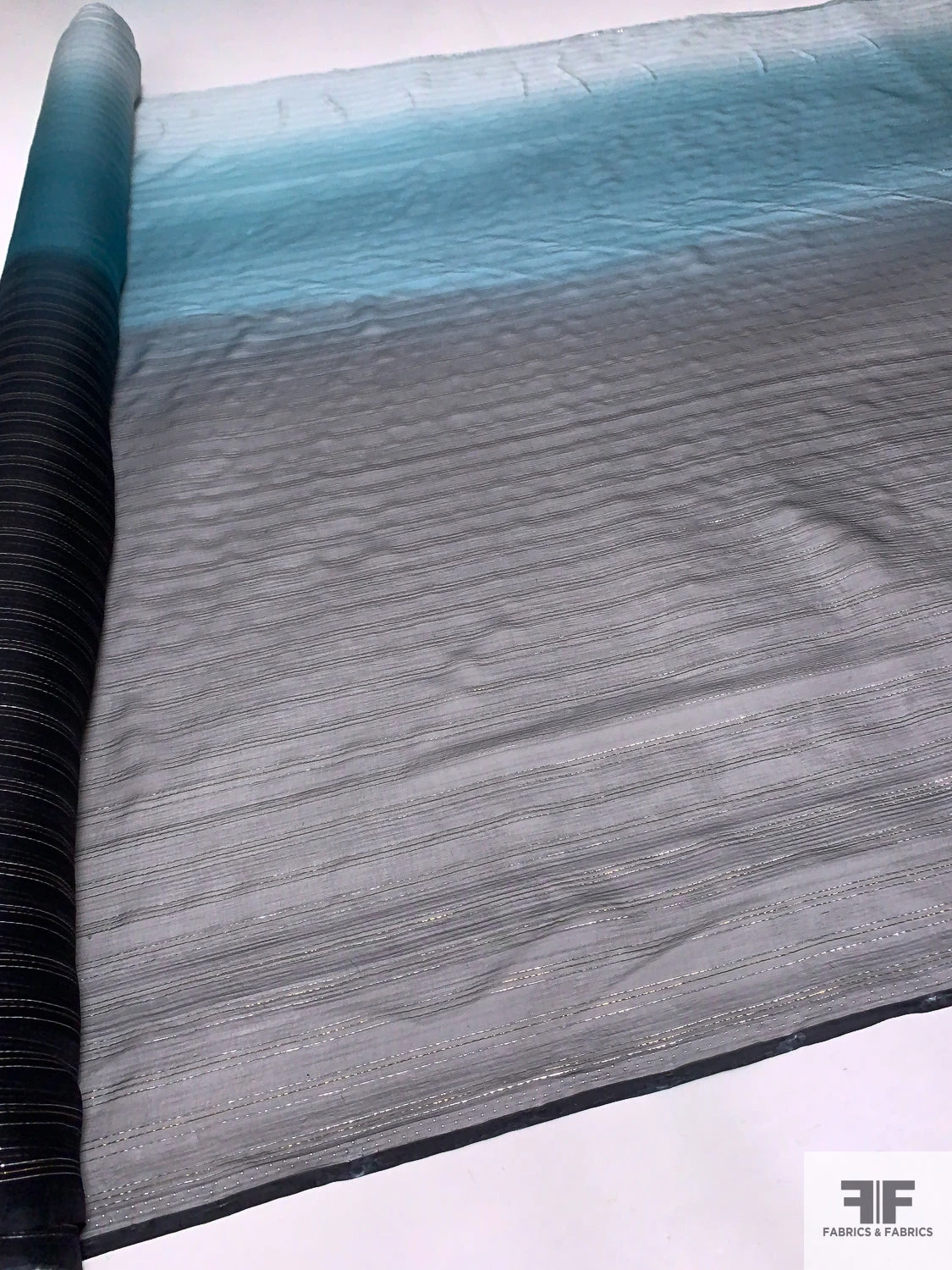Lurex Pinstriped Ombré Printed Silk Chiffon - Black / Smokey Turquoise / Grey / Silver / Gold 10 Lurex Pinstriped Ombré Printed Silk Chiffon - Black / Smokey Turquoise / Grey / Silver / Gold - Image 8