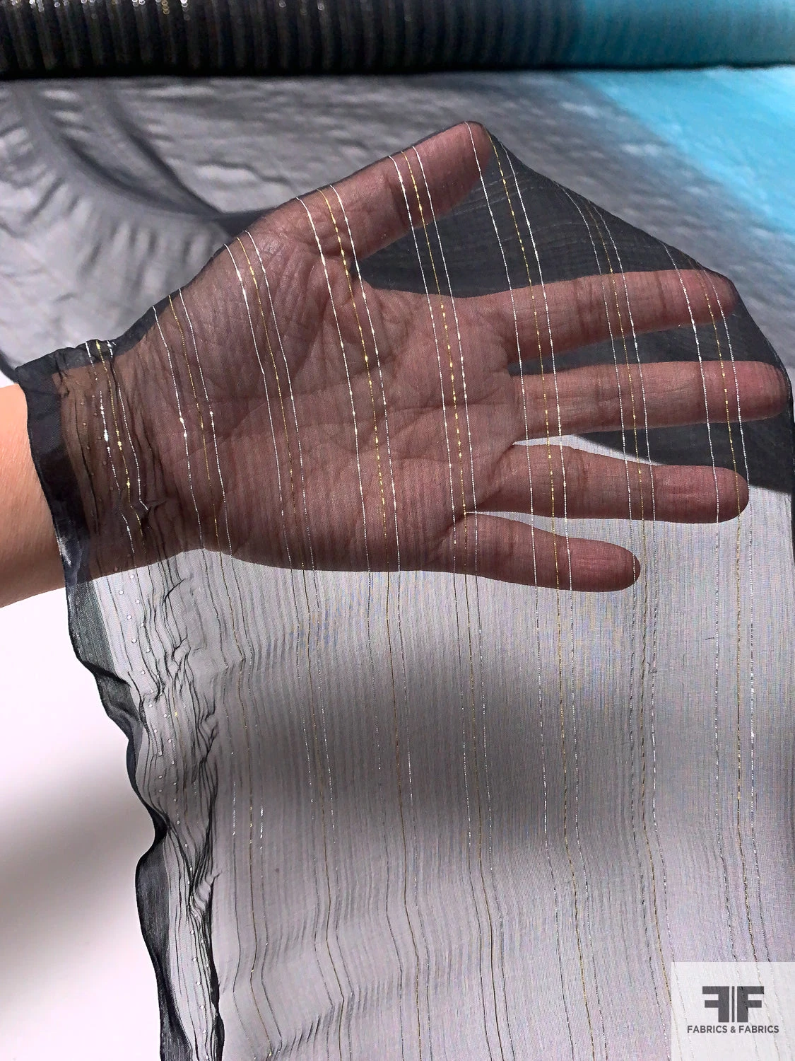 Lurex Pinstriped Ombré Printed Silk Chiffon - Black / Smokey Turquoise / Grey / Silver / Gold 11 Lurex Pinstriped Ombré Printed Silk Chiffon - Black / Smokey Turquoise / Grey / Silver / Gold - Image 9