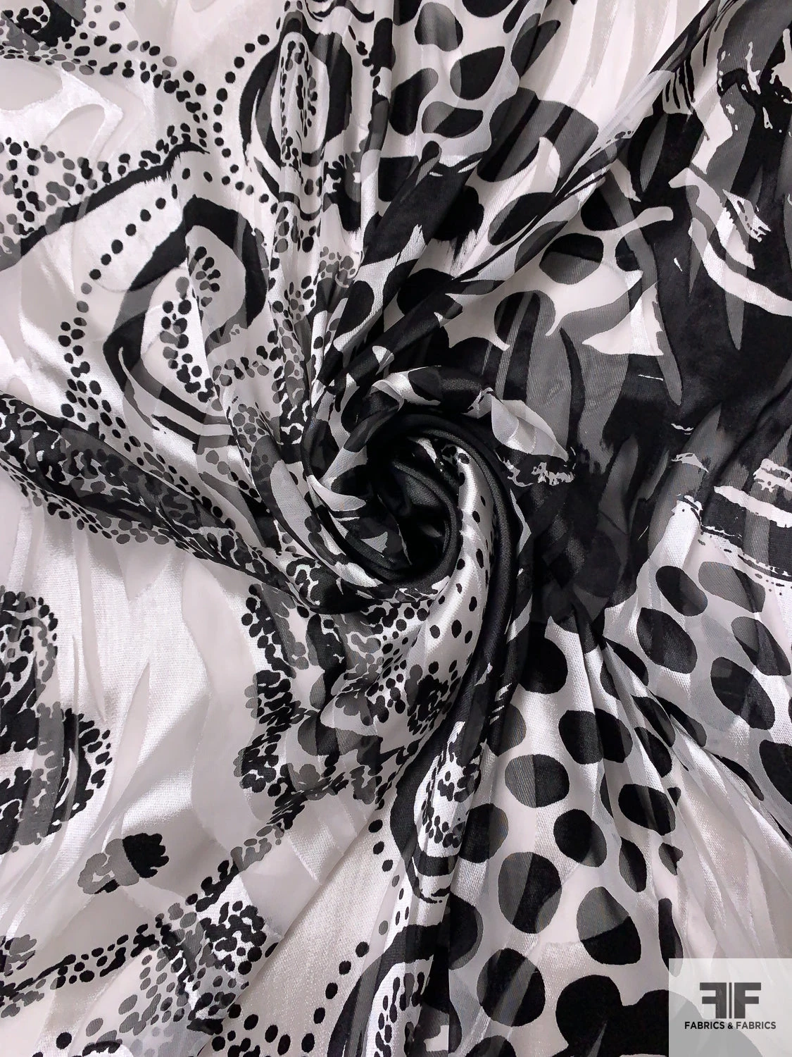 Multi-Pattern Printed Burnout Silk Chiffon - Black / Off-White 5 Multi-Pattern Printed Burnout Silk Chiffon - Black / Off-White - Image 3