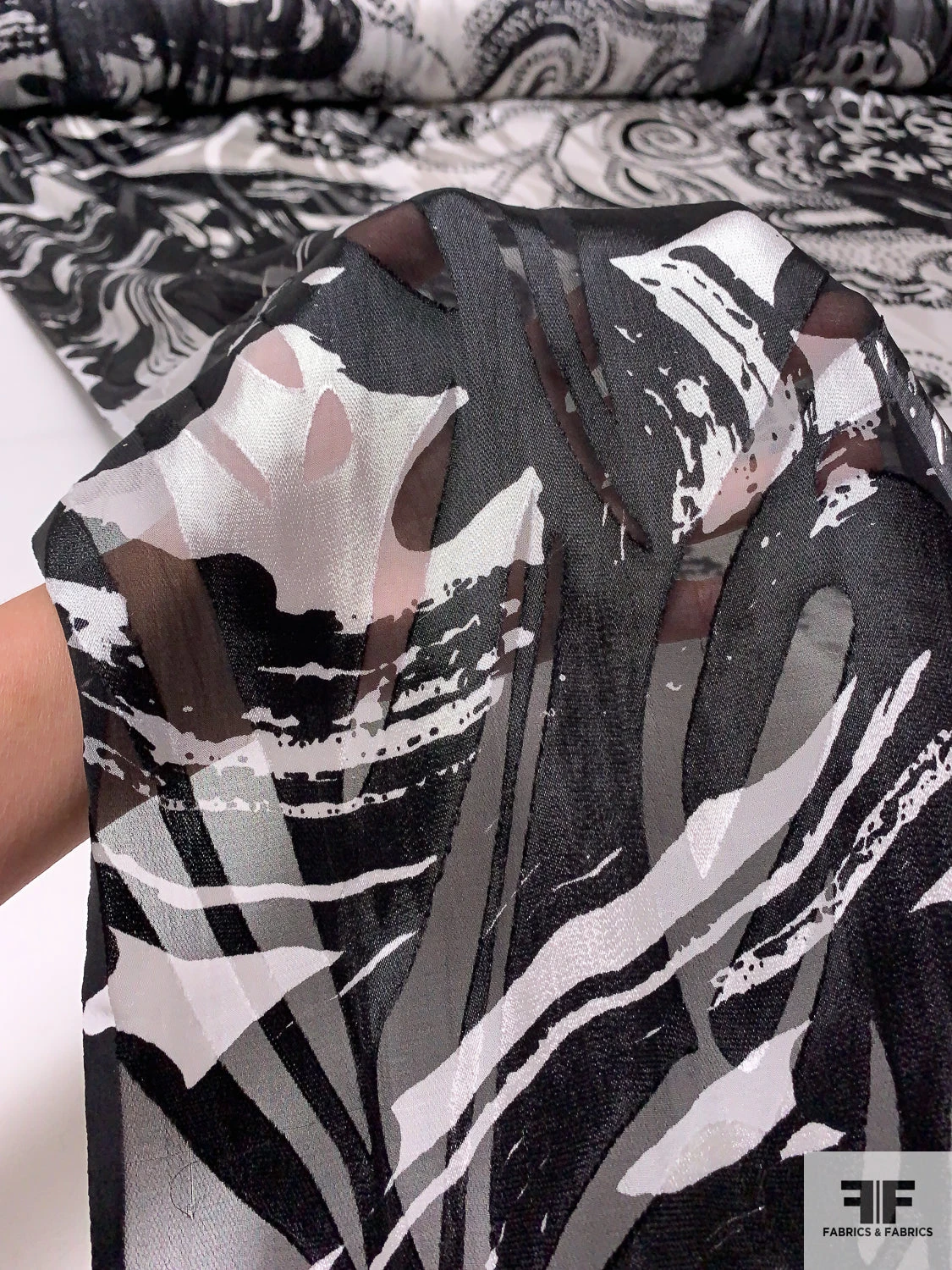 Multi-Pattern Printed Burnout Silk Chiffon - Black / Off-White 4 Multi-Pattern Printed Burnout Silk Chiffon - Black / Off-White - Image 2