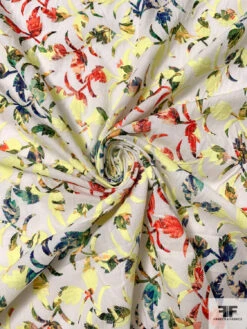 Leaf Vine Embroidered And Printed Cotton Lawn - Yellow / Multicolor