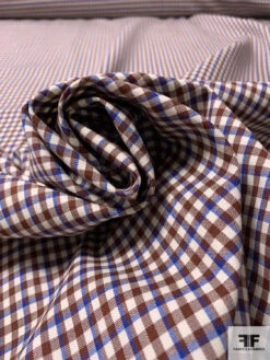 Italian Gingham Check Stretch Wool Suiting With Fused Back - Brown / Blue / Light Ivory