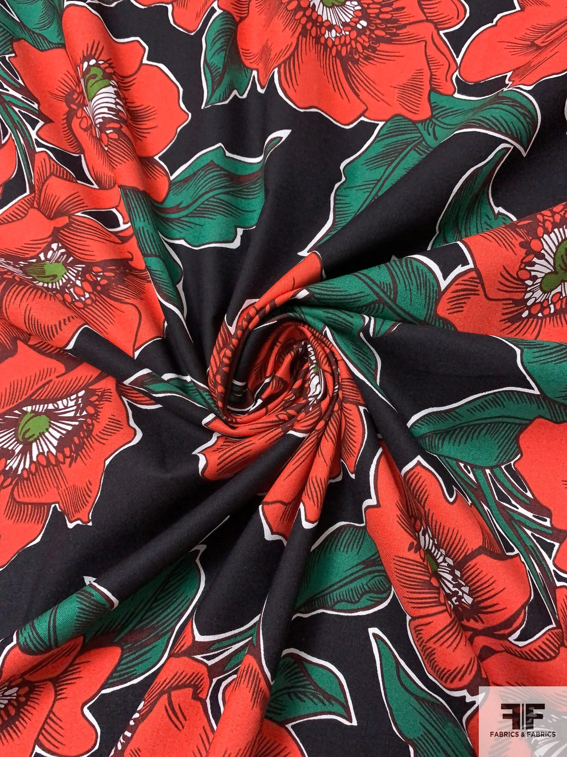 Floral Printed Cotton Lawn - Orange / Dartmouth Green / Black / White 5 Floral Printed Cotton Lawn - Orange / Dartmouth Green / Black / White - Image 3