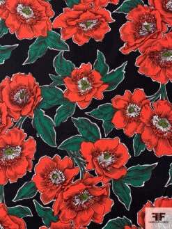 Floral Printed Cotton Lawn - Orange / Dartmouth Green / Black / White