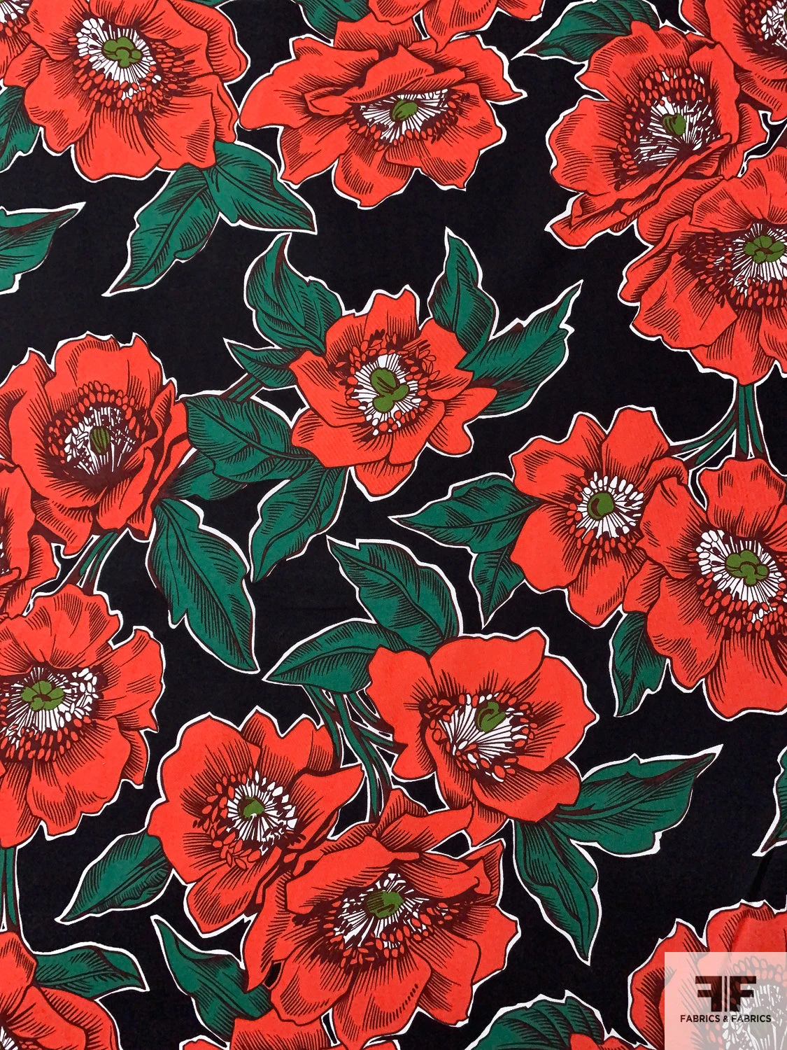 Floral Printed Cotton Lawn - Orange / Dartmouth Green / Black / White 3 Floral Printed Cotton Lawn - Orange / Dartmouth Green / Black / White