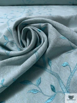 Vine Branch Embroidered Cotton-Linen - Dusty Aquamarine -Fabrics And Fabrics Store 17129 3