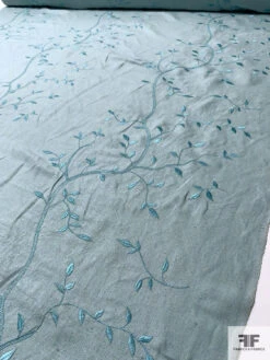 Vine Branch Embroidered Cotton-Linen - Dusty Aquamarine