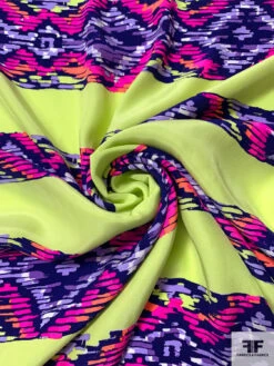 Painterly Ikat-Striped Matte-Side Printed Silk Charmeuse - Highlighter Lime / Purples / Neon Pinks