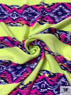 Painterly Ikat-Striped Matte-Side Printed Silk Charmeuse - Highlighter Lime / Purples / Neon Pinks -Fabrics And Fabrics Store 17156 2