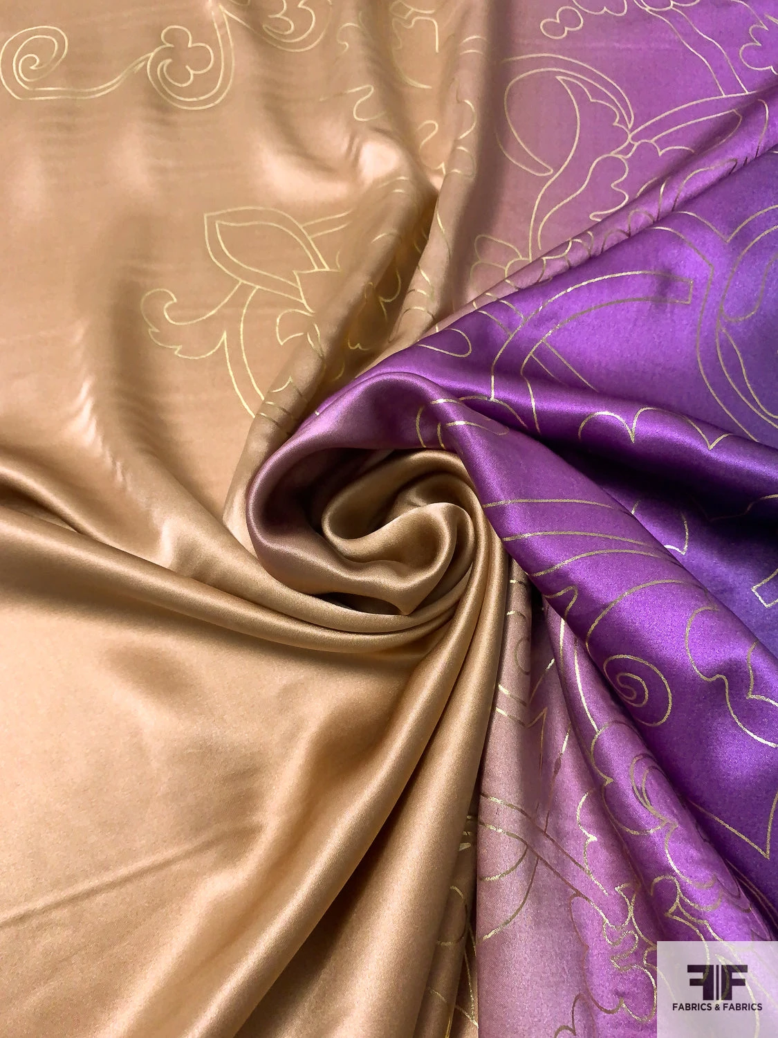 Regal Floral Foil Printed Silk Charmeuse - Purple / Camel / Brown / Gold 4 Regal Floral Foil Printed Silk Charmeuse - Purple / Camel / Brown / Gold - Image 2