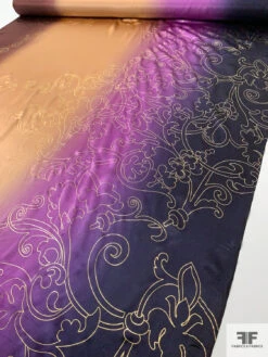 Regal Floral Foil Printed Silk Charmeuse - Purple / Camel / Brown / Gold