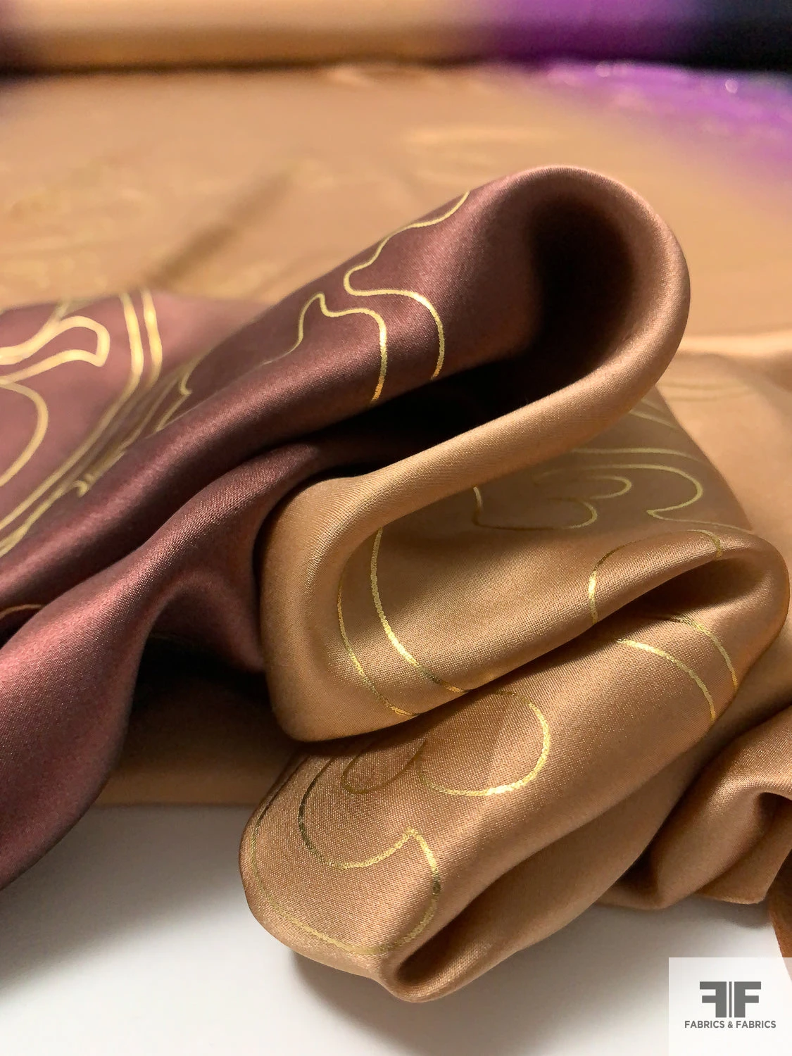 Regal Floral Foil Printed Silk Charmeuse - Purple / Camel / Brown / Gold 10 Regal Floral Foil Printed Silk Charmeuse - Purple / Camel / Brown / Gold - Image 8