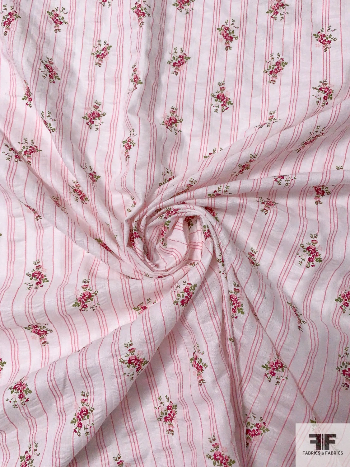 Ditsy Floral Striped Printed Plissé Cotton Lawn - Pink / Cranberry / Green 3 Ditsy Floral Striped Printed Plissé Cotton Lawn - Pink / Cranberry / Green