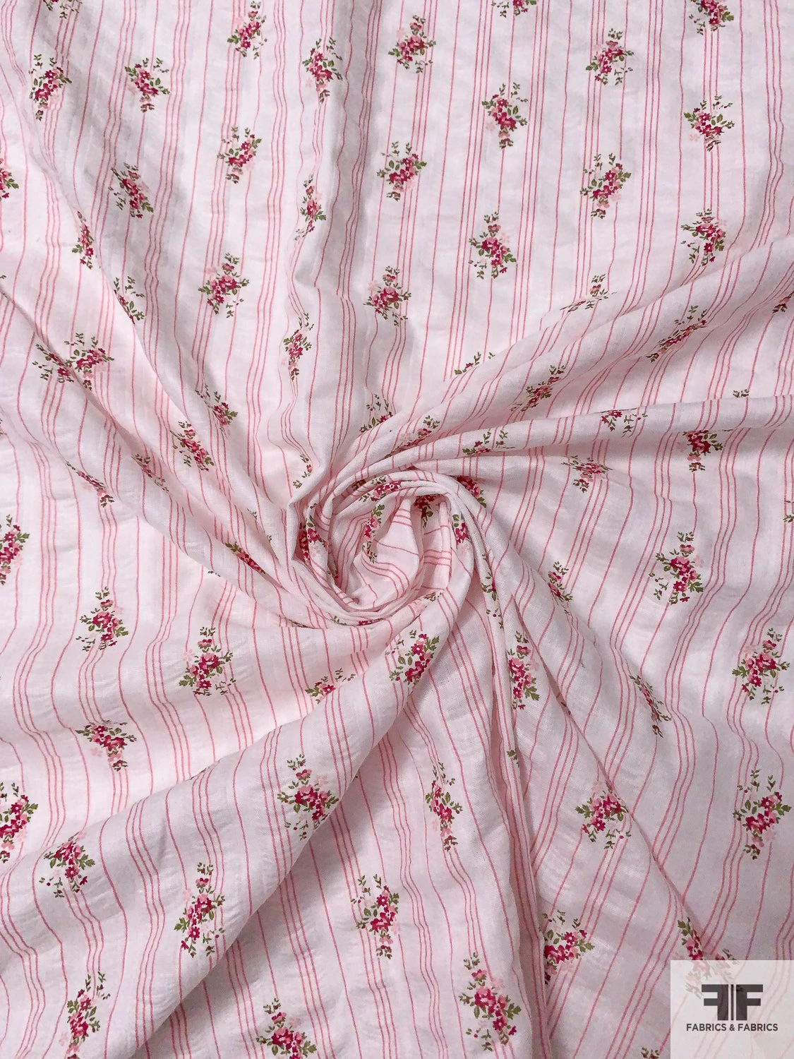 Ditsy Floral Striped Printed Plissé Cotton Lawn - Pink / Cranberry / Green 5 Ditsy Floral Striped Printed Plissé Cotton Lawn - Pink / Cranberry / Green - Image 3