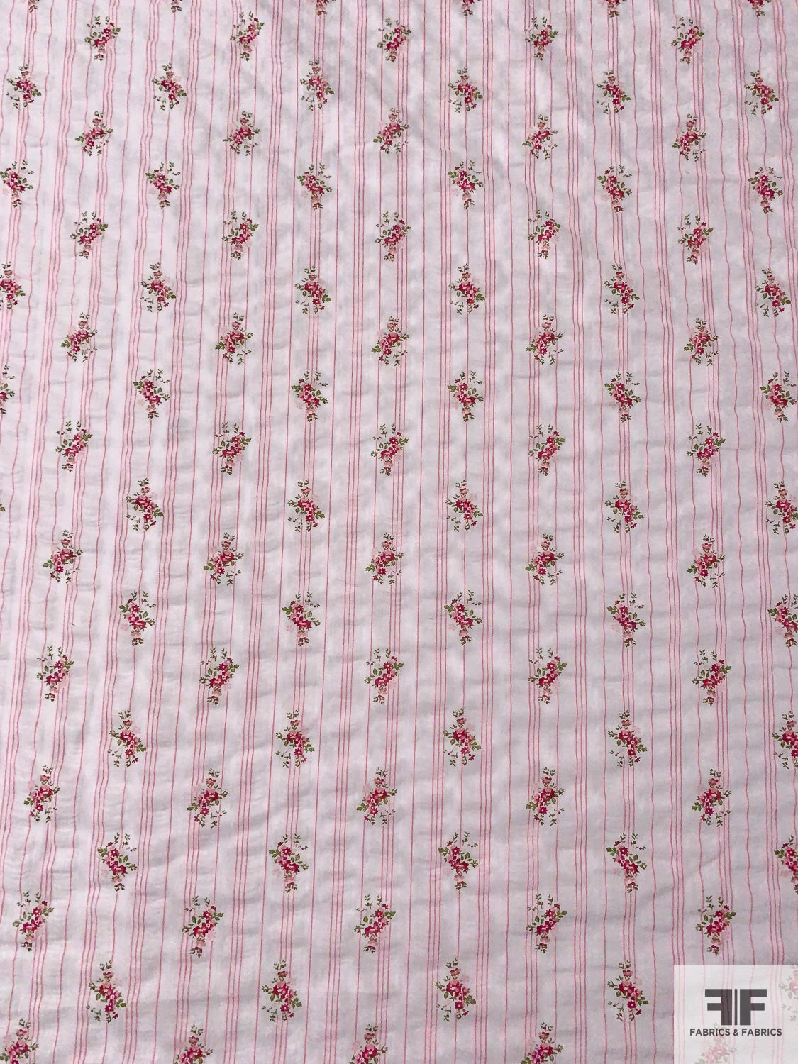 Ditsy Floral Striped Printed Plissé Cotton Lawn - Pink / Cranberry / Green 7 Ditsy Floral Striped Printed Plissé Cotton Lawn - Pink / Cranberry / Green - Image 5