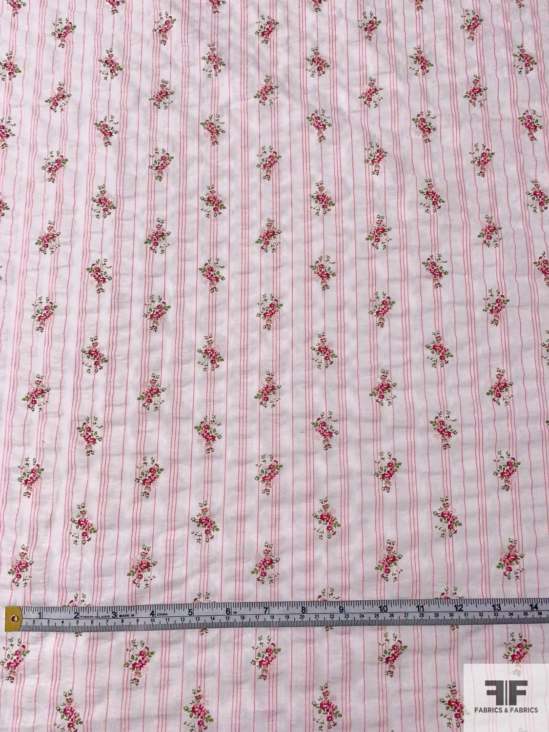 Ditsy Floral Striped Printed Plissé Cotton Lawn - Pink / Cranberry / Green 8 Ditsy Floral Striped Printed Plissé Cotton Lawn - Pink / Cranberry / Green - Image 6