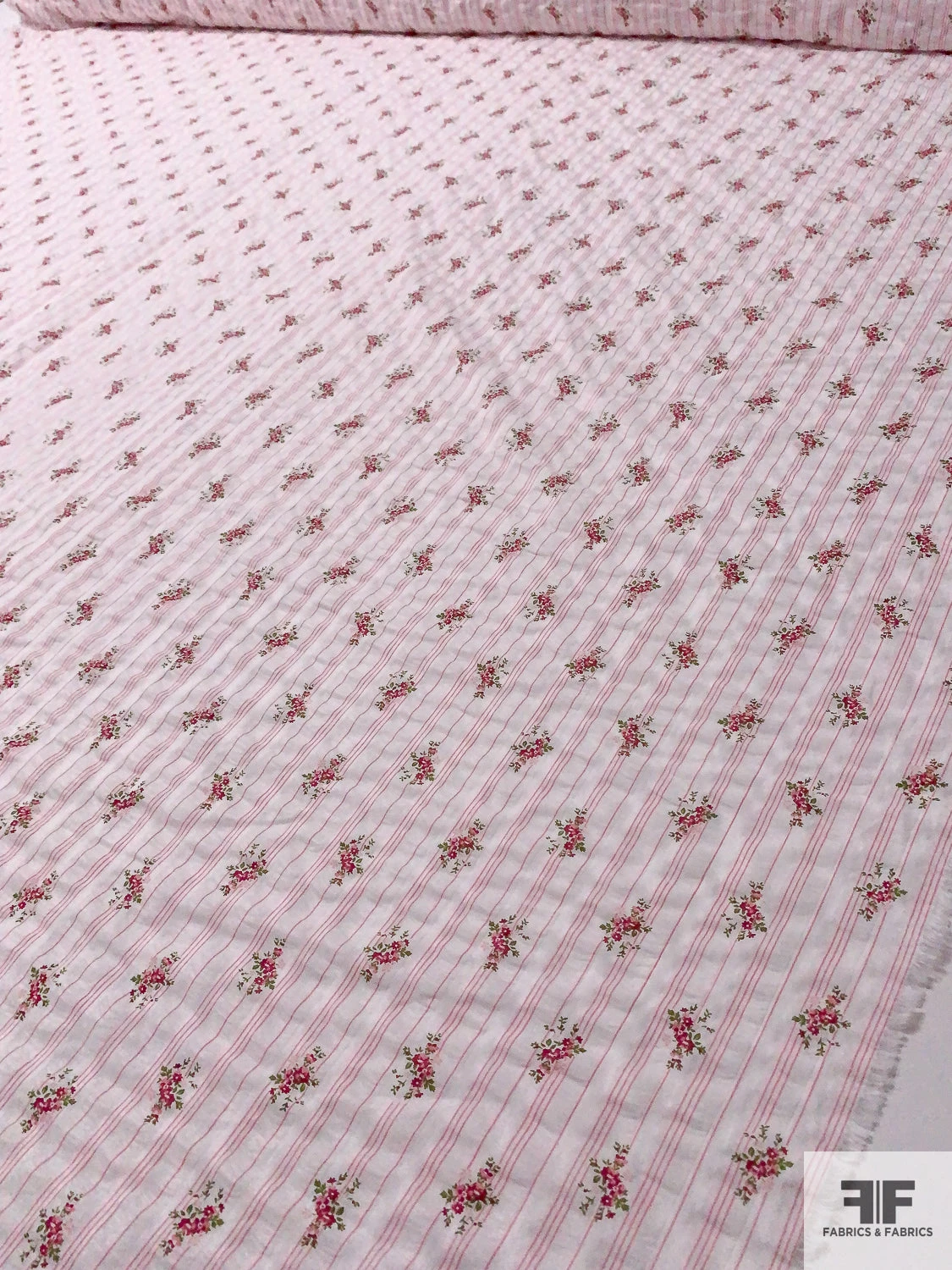 Ditsy Floral Striped Printed Plissé Cotton Lawn - Pink / Cranberry / Green 9 Ditsy Floral Striped Printed Plissé Cotton Lawn - Pink / Cranberry / Green - Image 7