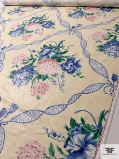 Floral Bouquets In Tassel Frames Printed Cotton Lawn - Light Yellow / Blue / Dusty Rose / Green