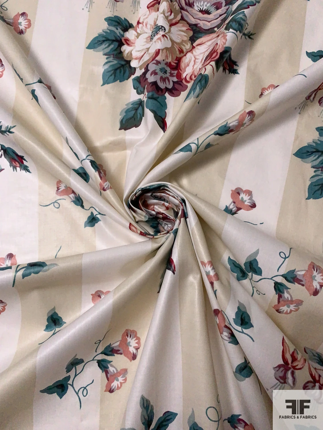 Floral Bouquets And Striped Printed Cotton Chintz - Dusty Teal / Dusty Rose / Beige / Off-White 6 Floral Bouquets And Striped Printed Cotton Chintz - Dusty Teal / Dusty Rose / Beige / Off-White - Image 4