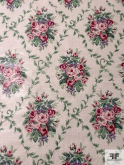 Floral Leaf Grid Printed Cotton Chintz - Light Ivory / Green / Dusty Pinks / Soft Blue