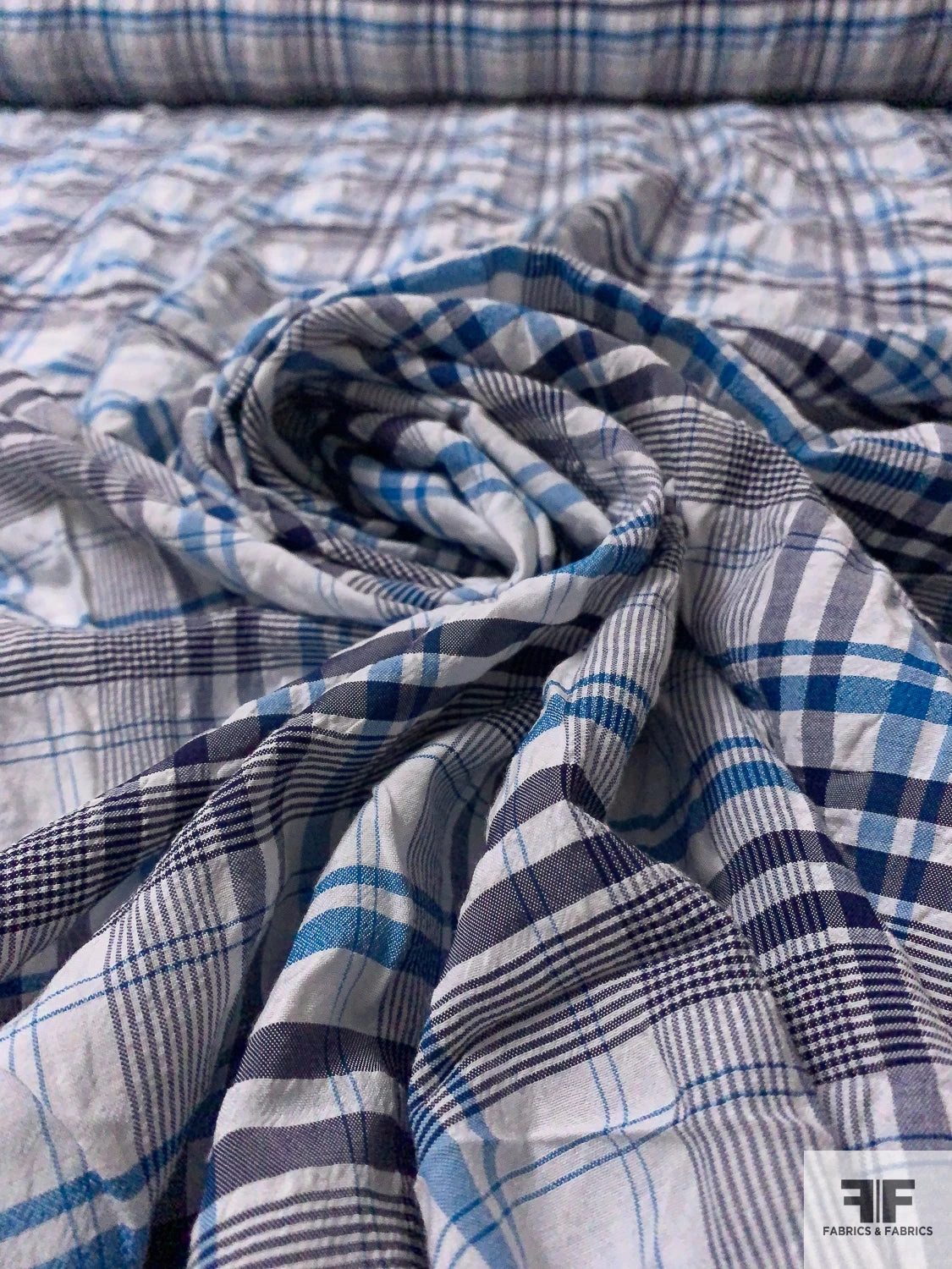 Plaid Textured Cotton Blend Shirting - Teal-Cerulean / Navy / Off-White 6 Plaid Textured Cotton Blend Shirting - Teal-Cerulean / Navy / Off-White - Image 4