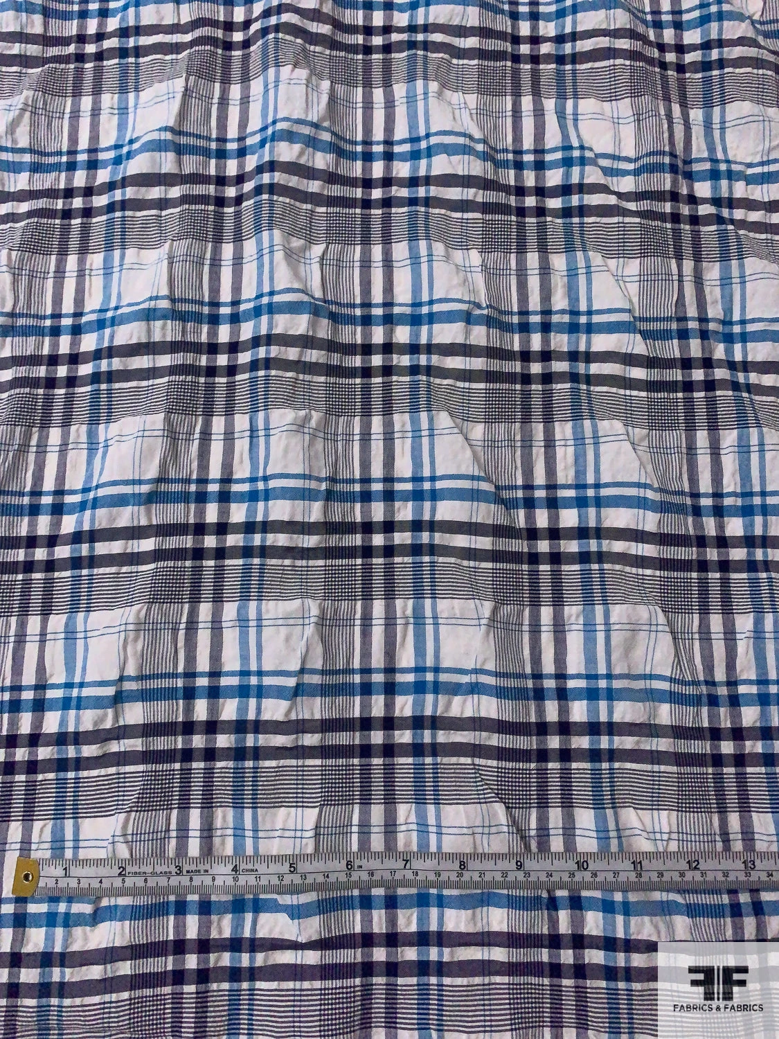 Plaid Textured Cotton Blend Shirting - Teal-Cerulean / Navy / Off-White 4 Plaid Textured Cotton Blend Shirting - Teal-Cerulean / Navy / Off-White - Image 2