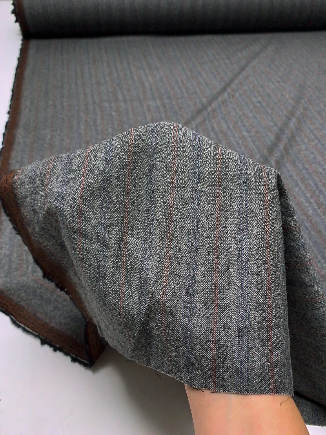 Vertical Striped Wool Suiting - Heather Grey / Orange / Periwinkle 9 Vertical Striped Wool Suiting - Heather Grey / Orange / Periwinkle - Image 7