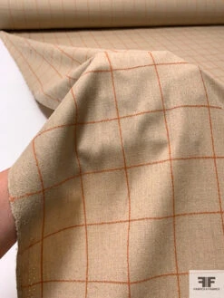 Italian Windowpane Brushed Flannel Wool Blend Suiting - Tan / Burnt Orange
