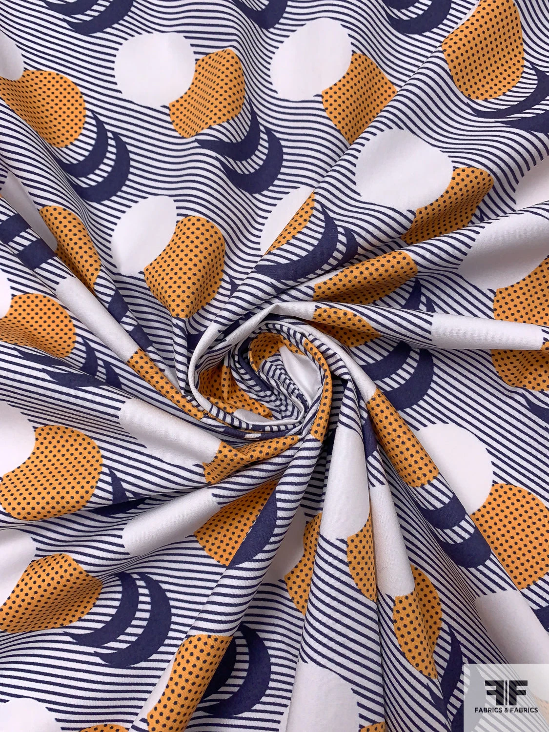 Circle Crescents Printed Cotton Poplin - Navy / Marigold / White 3 Circle Crescents Printed Cotton Poplin - Navy / Marigold / White