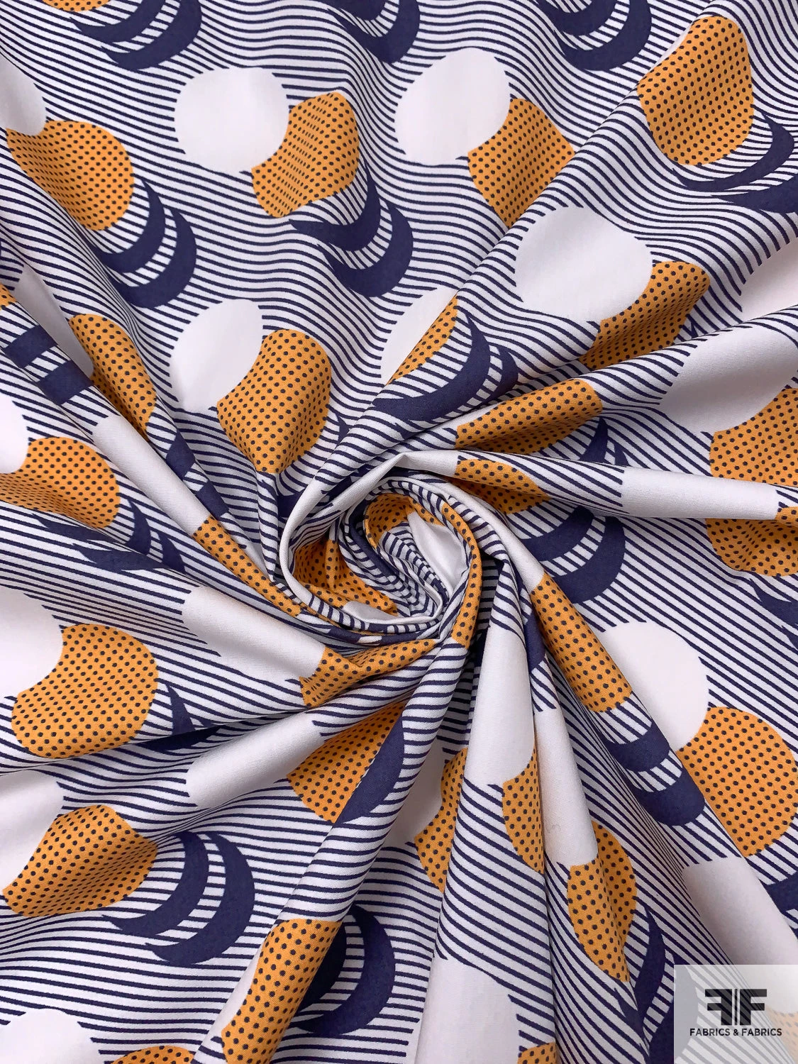 Circle Crescents Printed Cotton Poplin - Navy / Marigold / White 5 Circle Crescents Printed Cotton Poplin - Navy / Marigold / White - Image 3