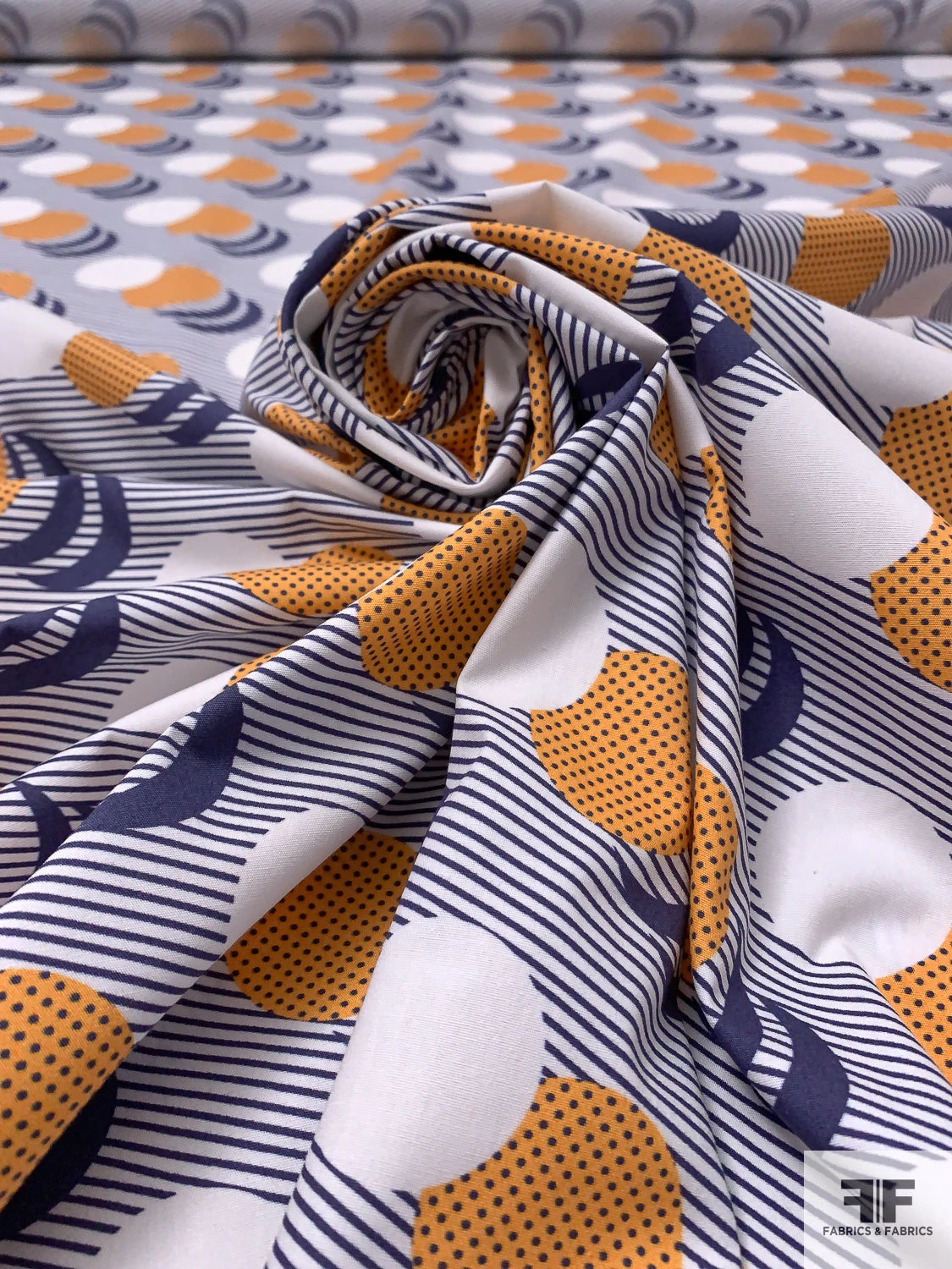 Circle Crescents Printed Cotton Poplin - Navy / Marigold / White 6 Circle Crescents Printed Cotton Poplin - Navy / Marigold / White - Image 4