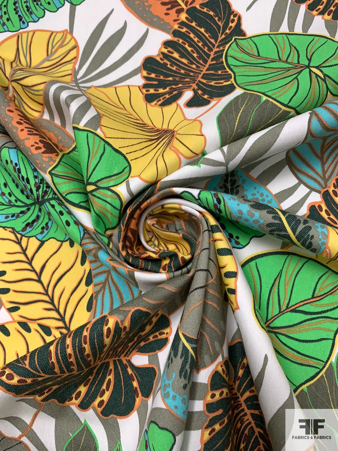 Tropical Leaf Printed Stretch Cotton Twill - Green / Khaki Green / Yellow / Orange / Off-White 5 Tropical Leaf Printed Stretch Cotton Twill - Green / Khaki Green / Yellow / Orange / Off-White - Image 3