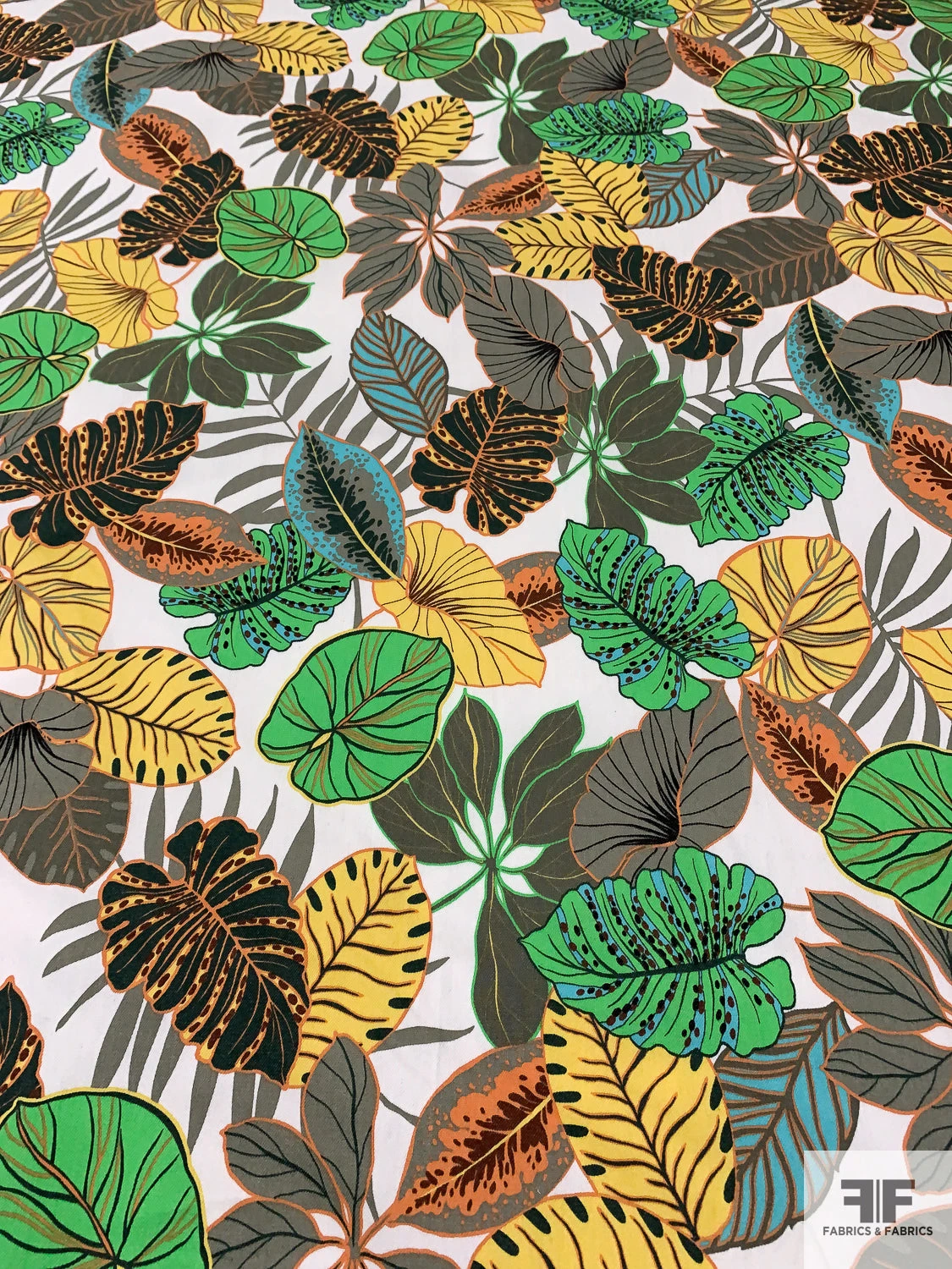 Tropical Leaf Printed Stretch Cotton Twill - Green / Khaki Green / Yellow / Orange / Off-White 3 Tropical Leaf Printed Stretch Cotton Twill - Green / Khaki Green / Yellow / Orange / Off-White