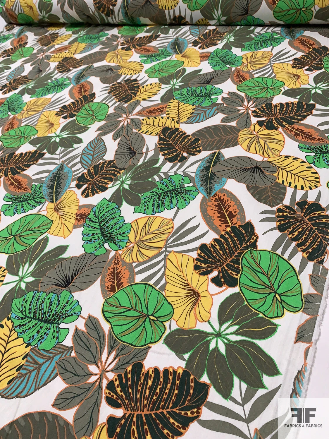 Tropical Leaf Printed Stretch Cotton Twill - Green / Khaki Green / Yellow / Orange / Off-White 4 Tropical Leaf Printed Stretch Cotton Twill - Green / Khaki Green / Yellow / Orange / Off-White - Image 2